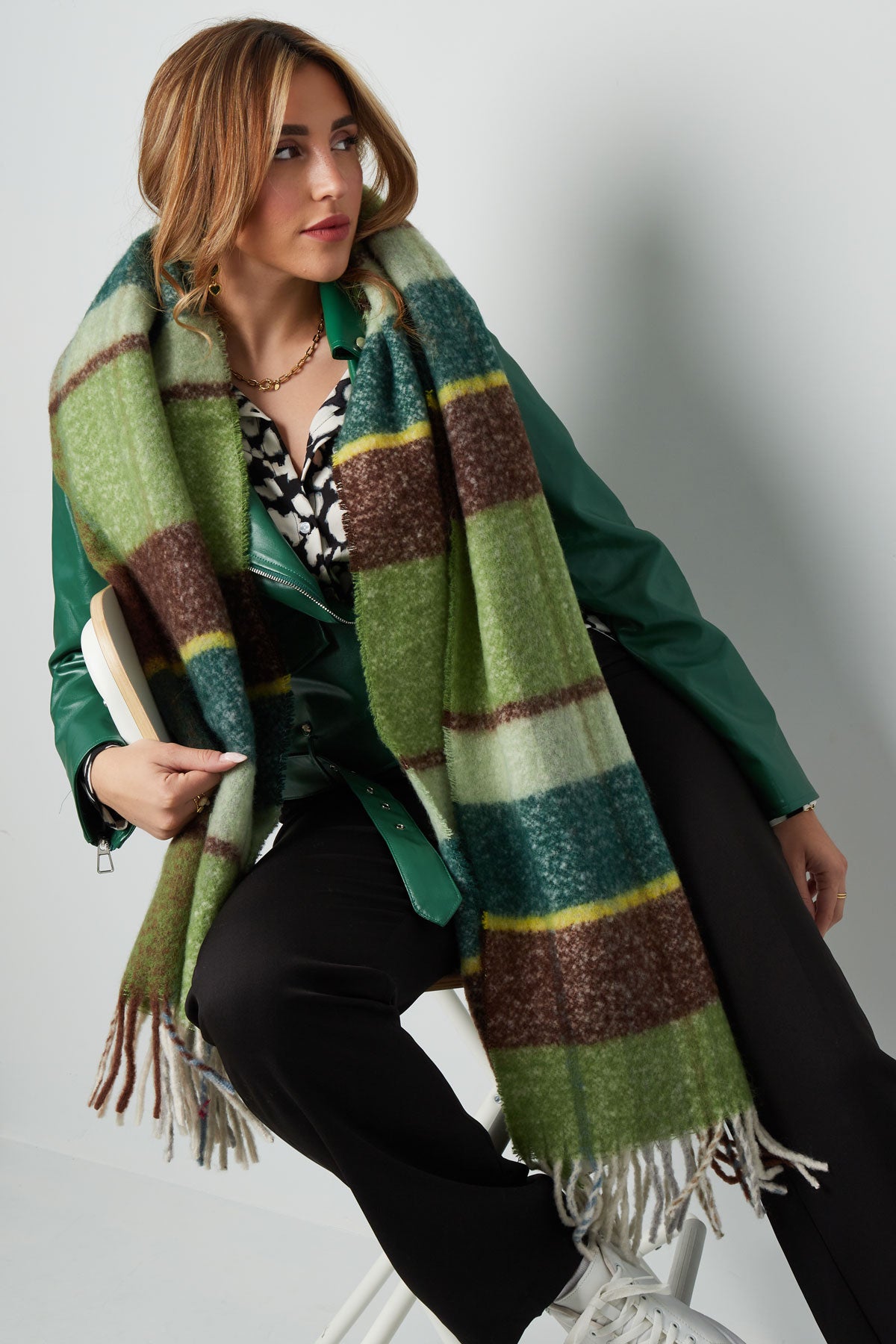 Colorful Winter Scarf Checked Green Brown