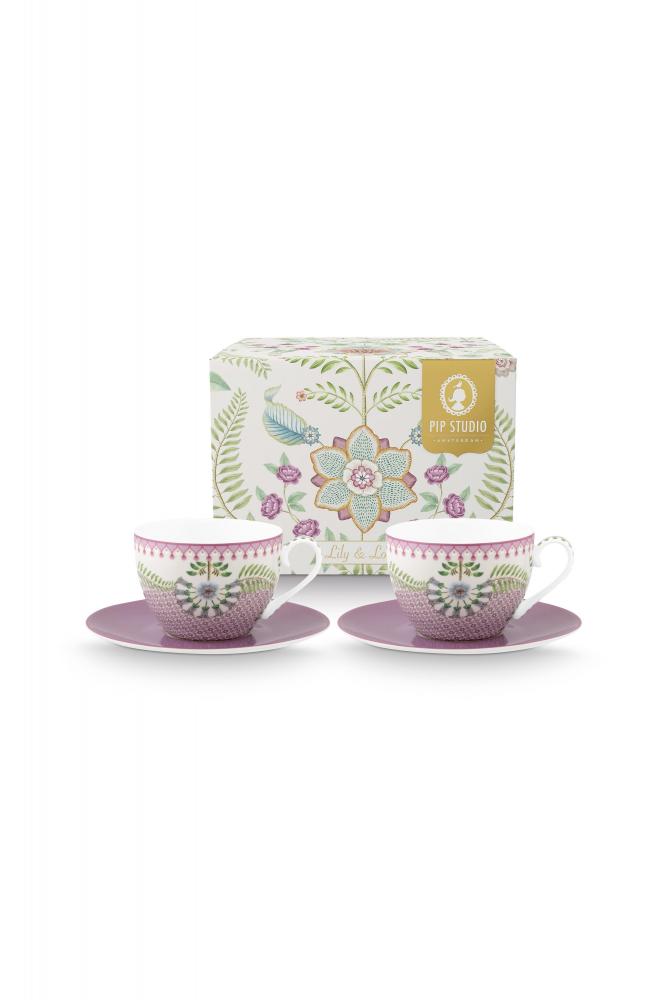 Pip Studio Set 2 Cappuccino kopjes en schoteltjes Lily & Lotus lila 280ml