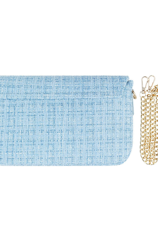 Stoffen handtas licht blauw met print en gouden detail achterkant