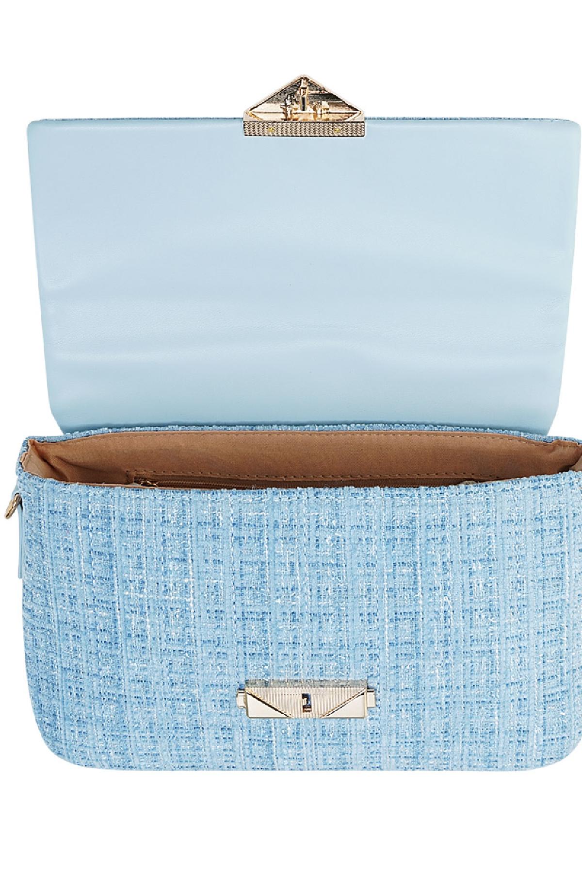 Stoffen handtas licht blauw met print en gouden detail binnenkant