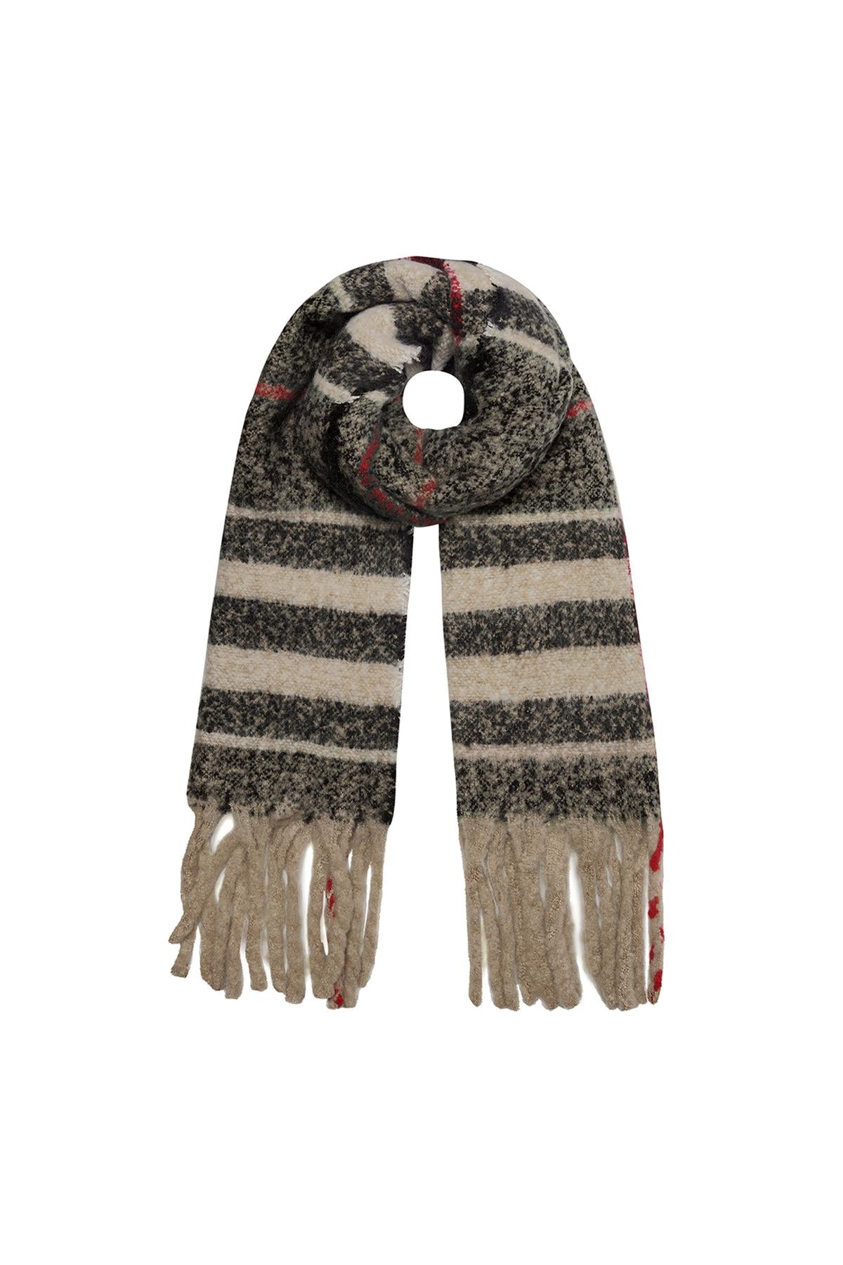 Wintersjaal gestreept beige-zwart-rood