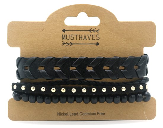 Herenarmband zwart imitatieleder en zwarte houten kralen