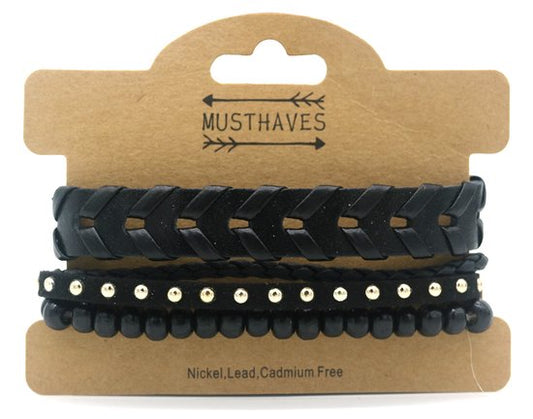 Herenarmband zwart imitatieleder en zwarte houten kralen