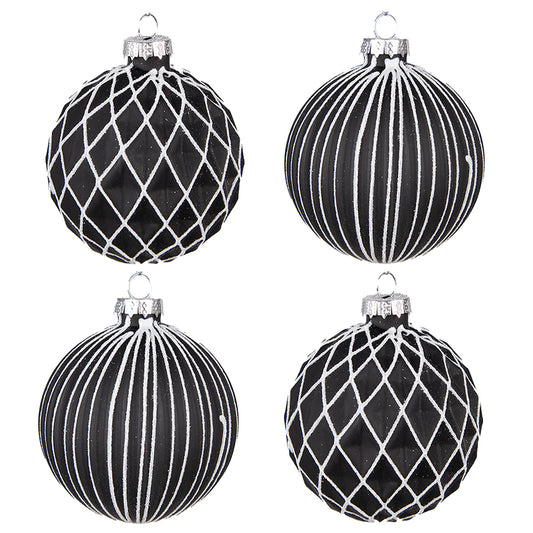Clayre & Eef Kerstballen set van 4 stuks zwart wit Ø8cm