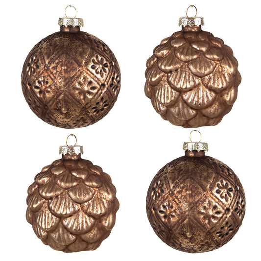 Clayre & Eef Kerstballen set van 4 stuks donkerbruin Ø8cm 2 designs