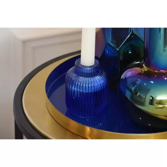 Dienblad decoratie schaal Marrakech blauw goudkleurig 33cm