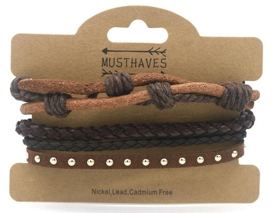 Herenarmband bruin imitatieleder verstelbaar set van 3 stuks