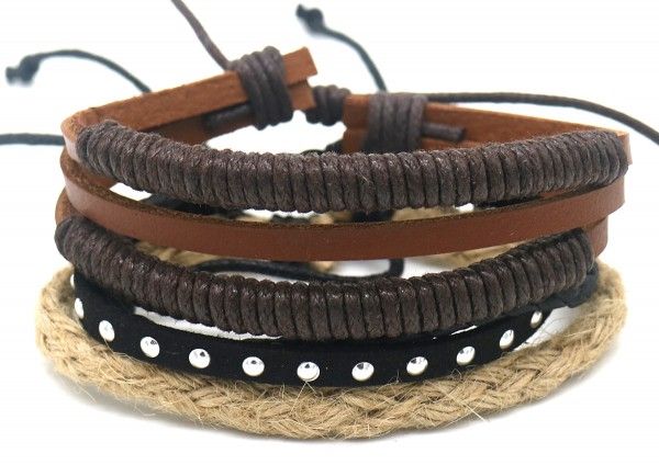Herenarmband bruin zwart imitatieleder en touw verstelbaar set van 3 stuks