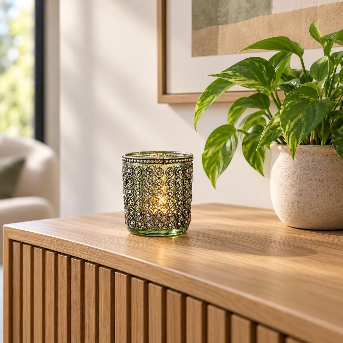 PTMD Theelichthouder Riby 8cm glas transparant lichtgroen