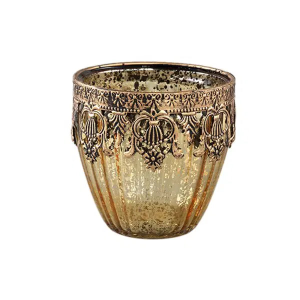 PTMD Theelichthouder Decoritz glas goudkleurig 10cm