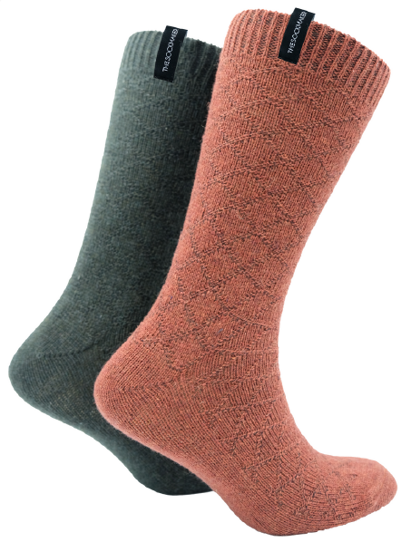 The Sockmaker Herensokken Wol Effen 2 paar Ruitenpatroon Roestbruin - Donkergroen