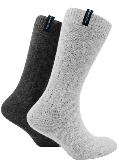 The Sockmaker Herensokken Wol Effen 2 paar Blokjes patroon Antraciet donkergrijs - Beige lichtgrijs