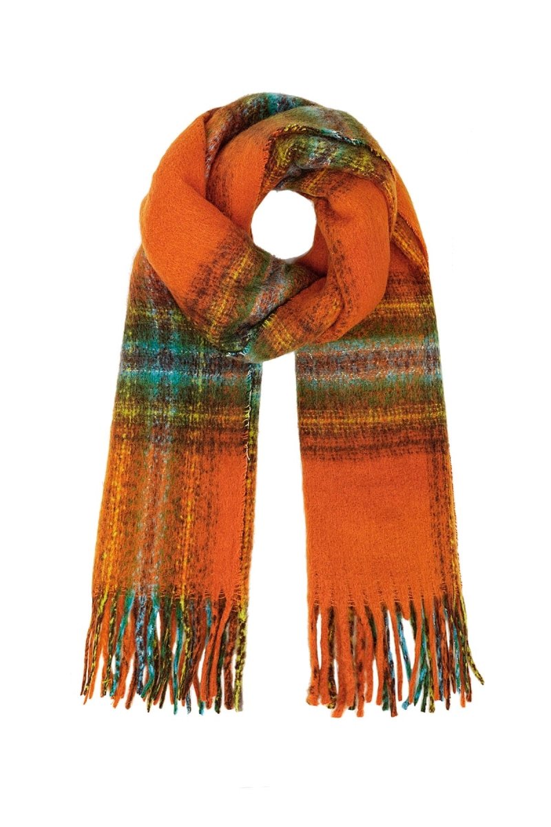 Kleurrijke Wintersjaal geruit oranje groen bruin lichtblauw geel - Julien Deluxe