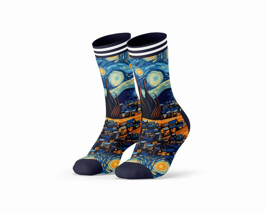 Sock My Feet Herensokken 3 - pack Sock My Vincent Van Gogh Starry Night De Sterrennacht - 1 print + 2 effen - Julien Deluxe