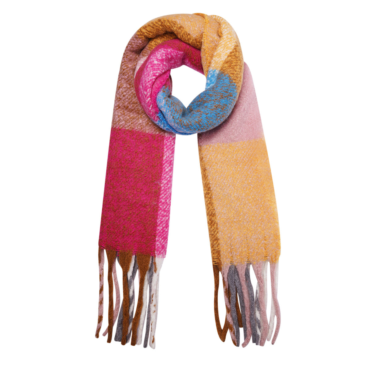Kleurrijke wintersjaal geblokt roze-geel-blauw-bruin