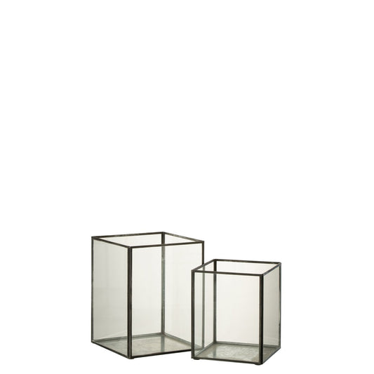J-Line Set Van Twee Kaarshouder Vierkant Glas/Metaal Zwart
