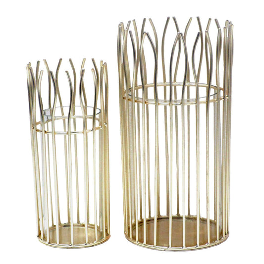 Romantische 2-delige lantaarnset met rond glazen inzetstuk in een elegante draadstructuur, zwart of goud