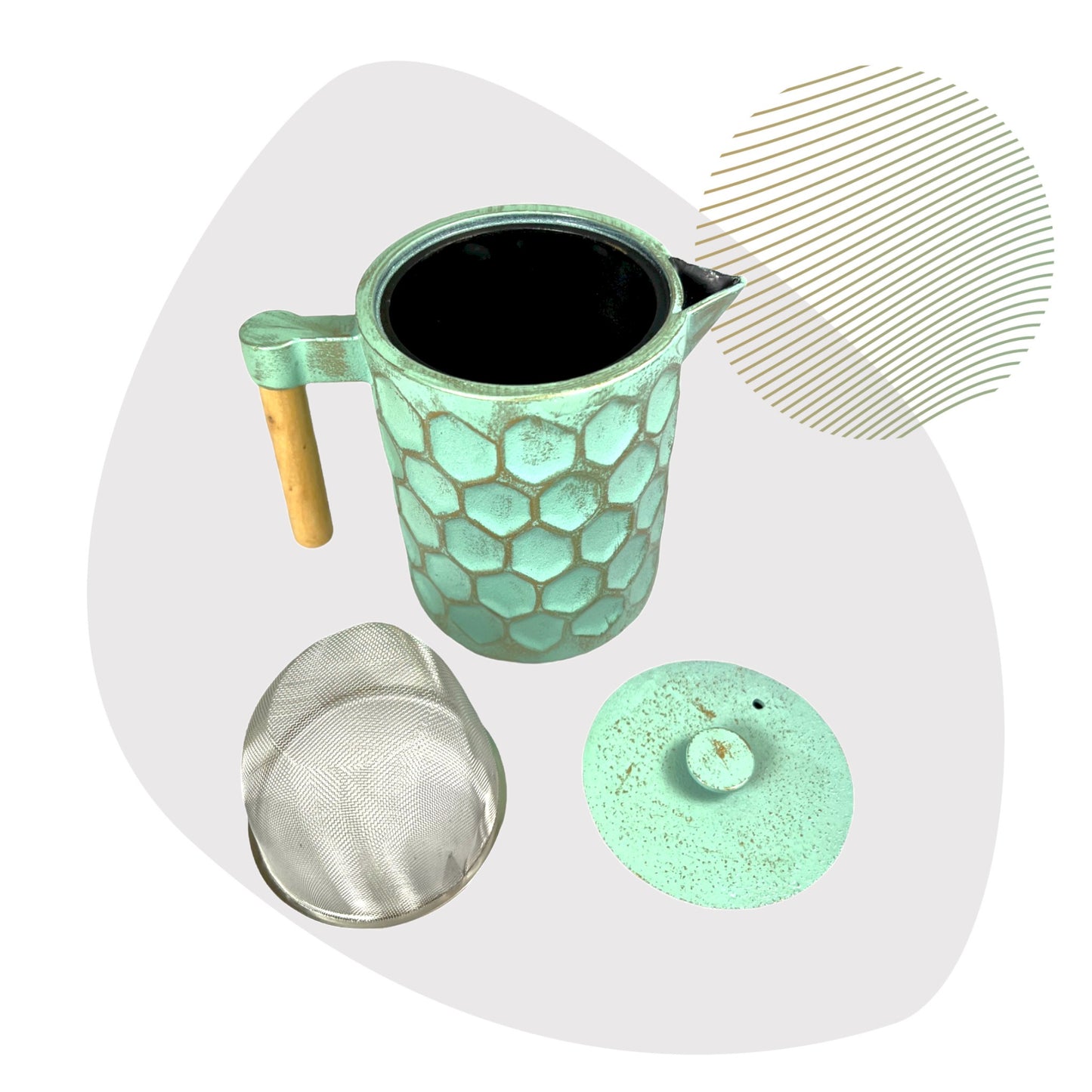 Ja-Unendlich Theepot gietijzer Kabo 1,2l mint goud zeef binnenkant