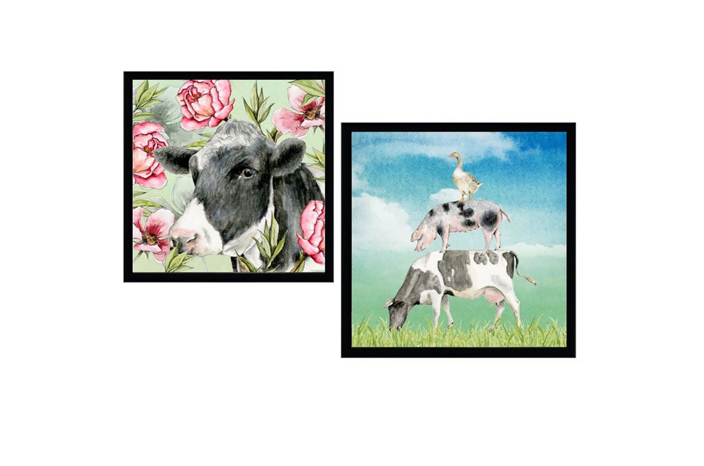 Julien Deluxe 2 Prenten Koe en Varken in zwarte kader