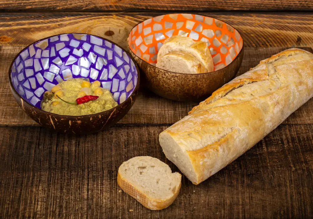 Makapli Kokosnootkom 12cm paars en oranje parelmoer eierschaal voedsel