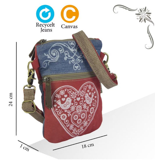 Sunsa kleine Schoudertas Crossbody Stone washed jeans en rood afmetingen