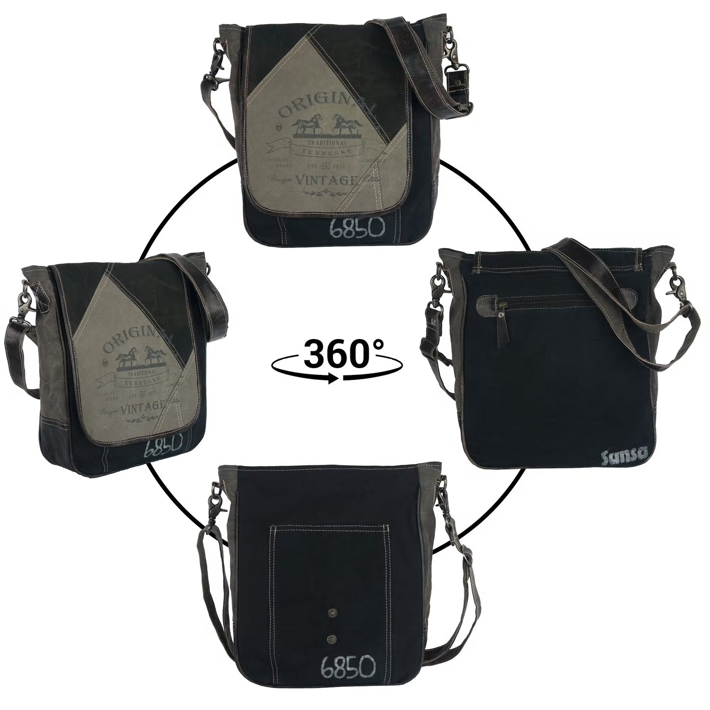 Sunsa Schoudertas Crossbody grijs stonewashed alle aanzichten