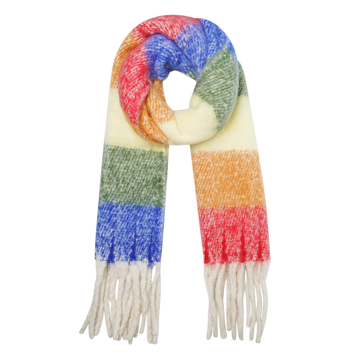 Kleurrijke wintersjaal geblokt oranje-groen-rood-blauw-beige