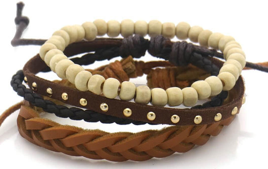 Heren Armbanden set - Natuurlijk bruin & beige - Set van 3