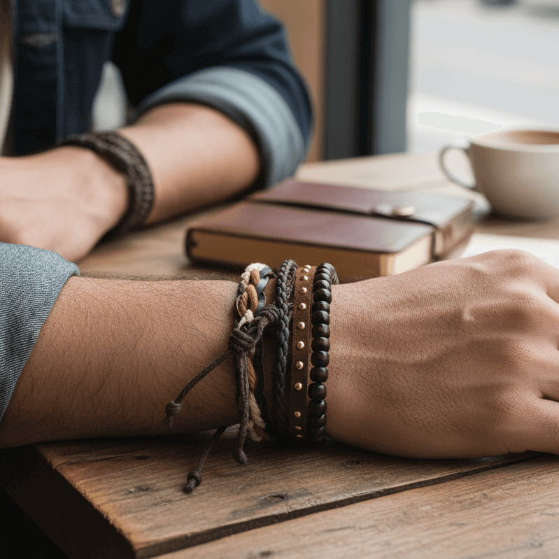 Heren Armbanden set - Natuurlijk bruin & beige - Set van 4