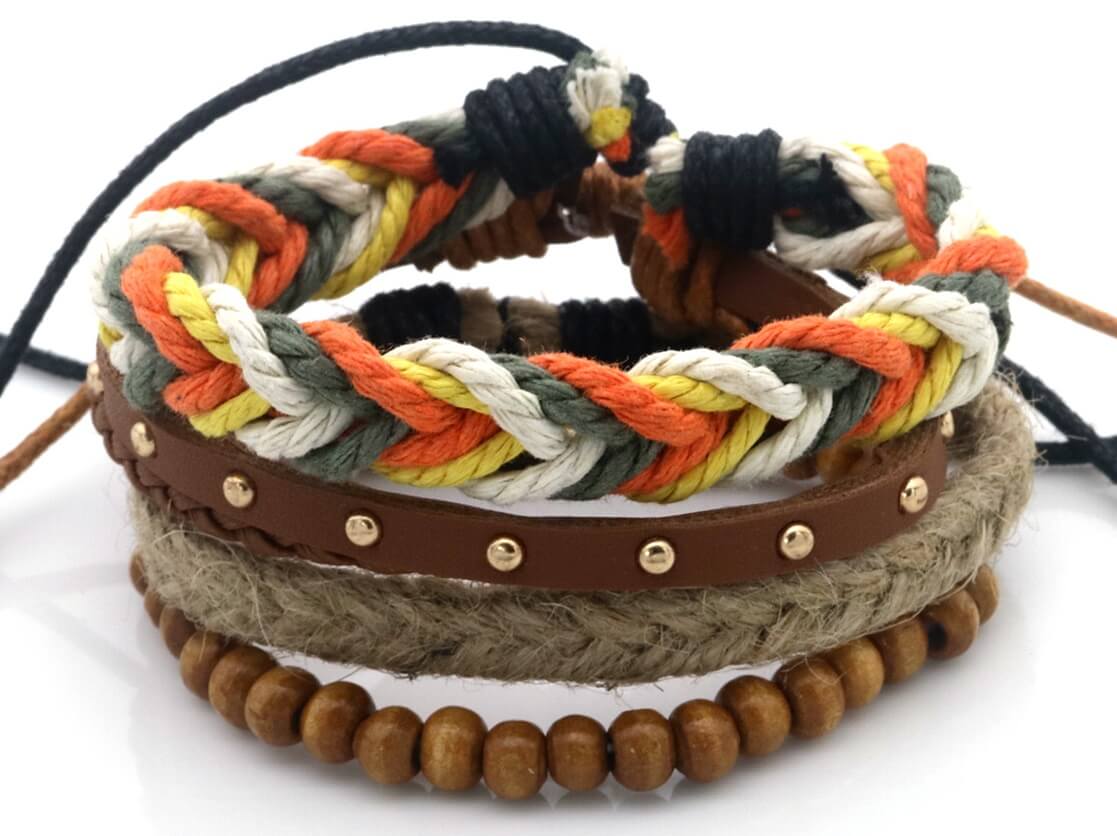 Heren Armbanden set - Natuurlijk bruin & oranje - Set van 4