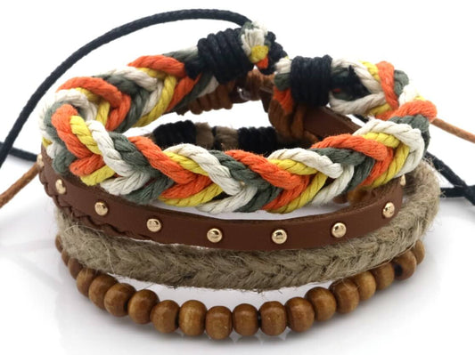 Heren Armbanden set - Natuurlijk bruin & oranje - Set van 4