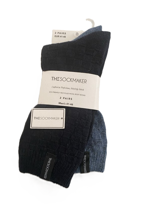 The Sockmaker Herensokken Wol Effen 2 paar Blokjes patroon Donkerblauw - Petroleumblauw