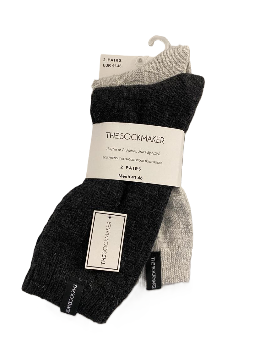 The Sockmaker Herensokken Wol Effen 2 paar Blokjes patroon Antraciet donkergrijs - Beige lichtgrijs