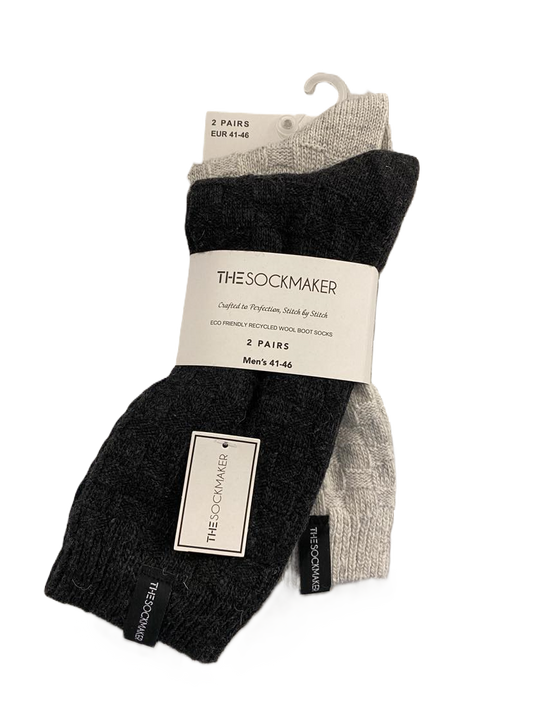 The Sockmaker Herensokken Wol Effen 2 paar Blokjes patroon Antraciet donkergrijs - Beige lichtgrijs