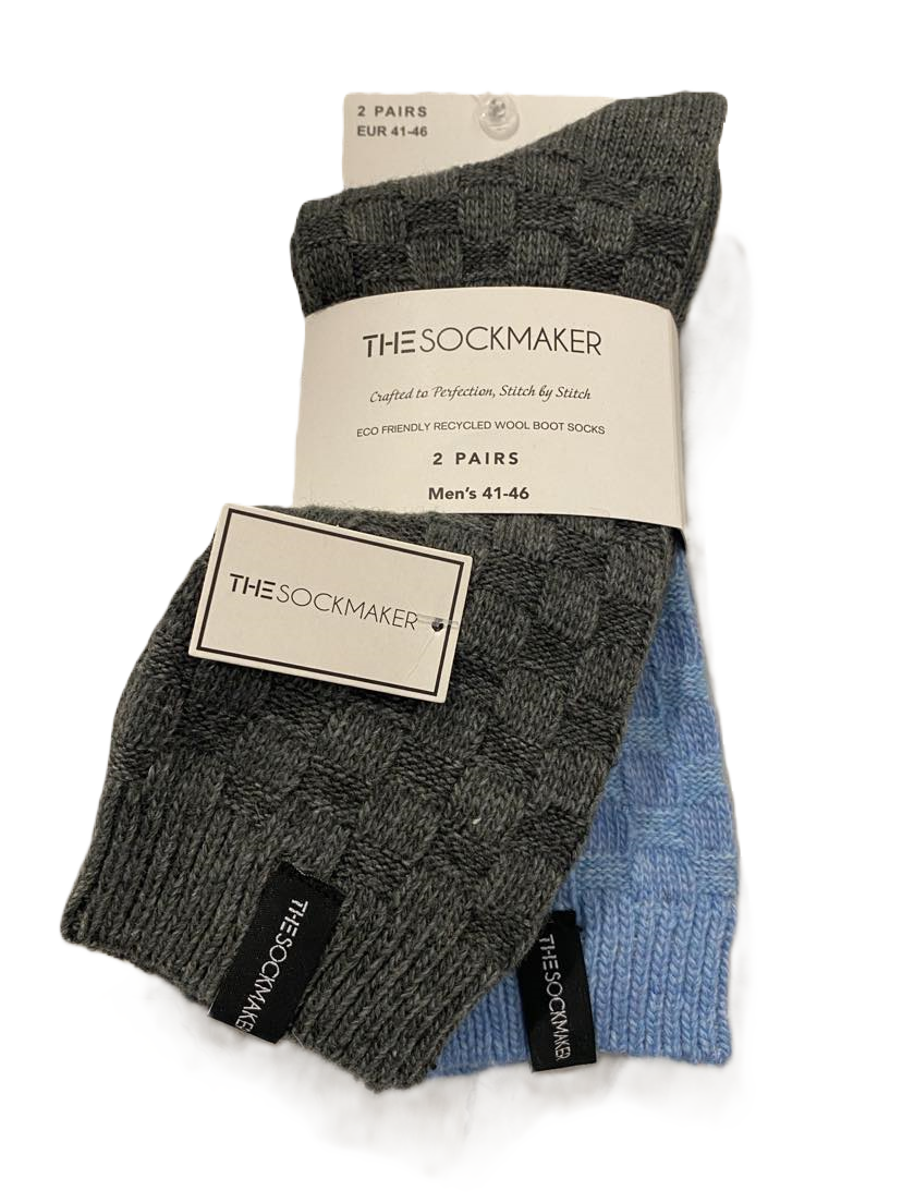 The Sockmaker Herensokken Wol Effen 2 paar Blokjes patroon Groen grijs - Lichtblauw