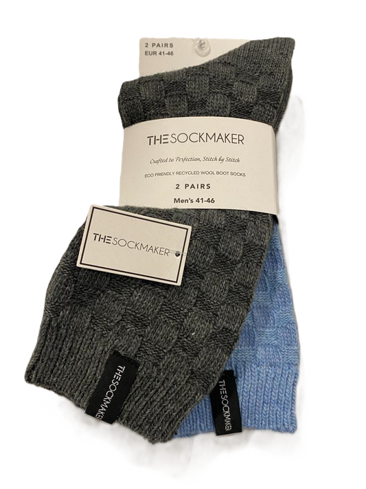 The Sockmaker Herensokken Wol Effen 2 paar Blokjes patroon Groen grijs - Lichtblauw