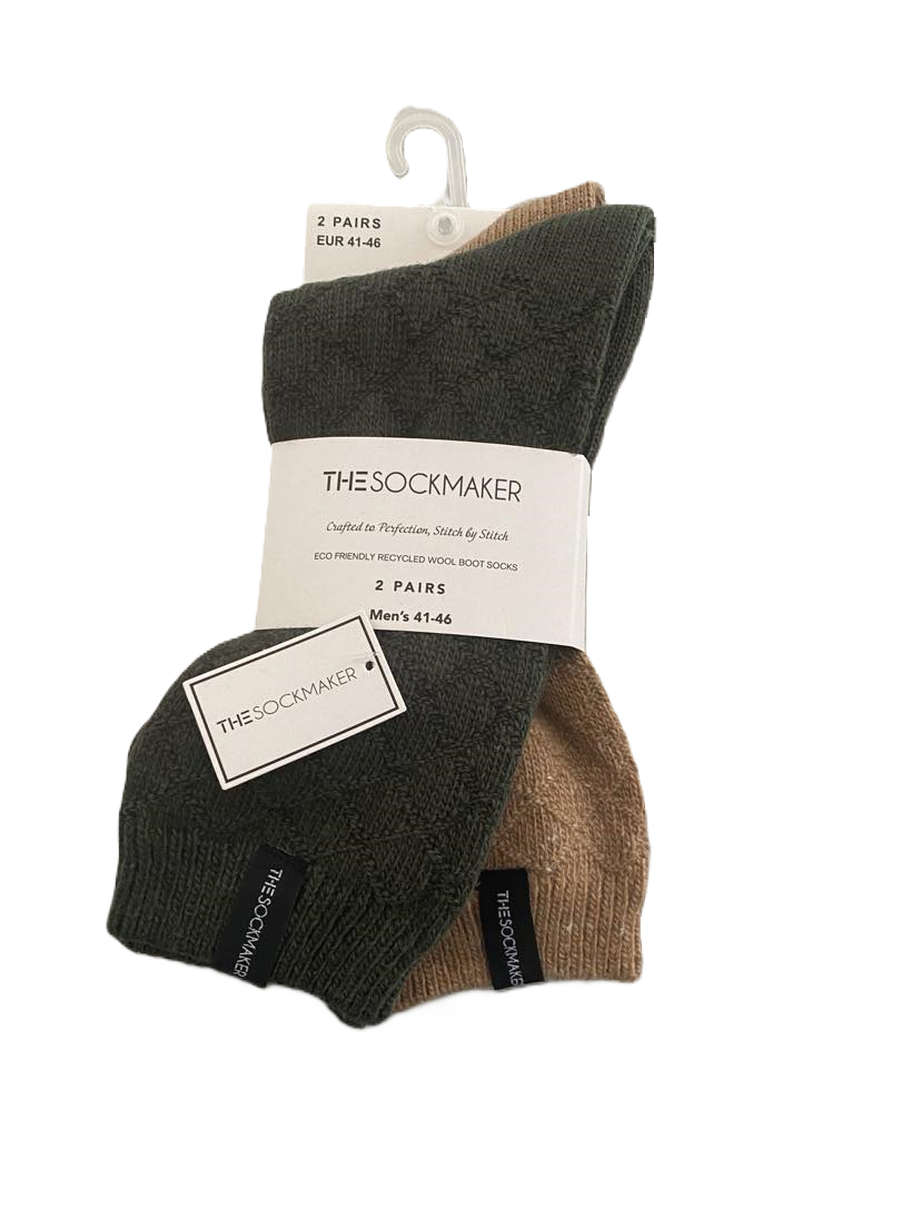 The Sockmaker Herensokken Wol Effen 2 paar Ruitenpatroon Donkerbeige - Donkergroen