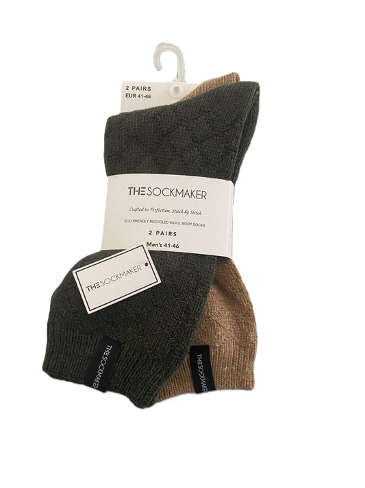 The Sockmaker Herensokken Wol Effen 2 paar Ruitenpatroon Donkerbeige - Donkergroen