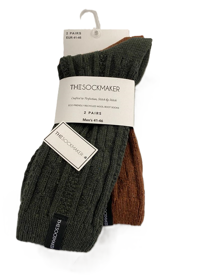 The Sockmaker Herensokken Wol Effen 2 paar Kabelpatroon Donkergroen - Roestbruin