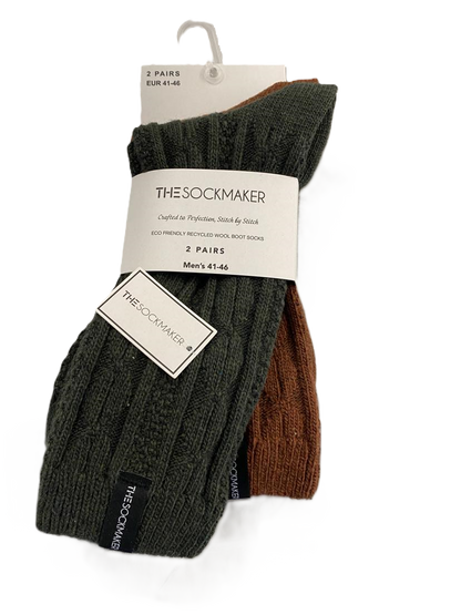The Sockmaker Herensokken Wol Effen 2 paar Kabelpatroon Donkergroen - Roestbruin