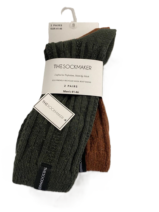 The Sockmaker Herensokken Wol Effen 2 paar Kabelpatroon Donkergroen - Roestbruin