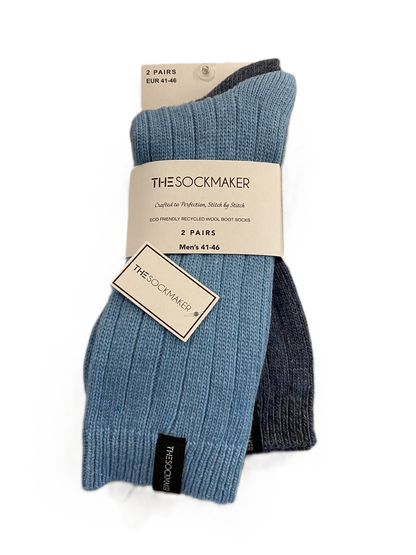 The Sockmaker Men's Socks Wool Plain 2 Pairs Striped Pattern Light Blue - Petrol Blue