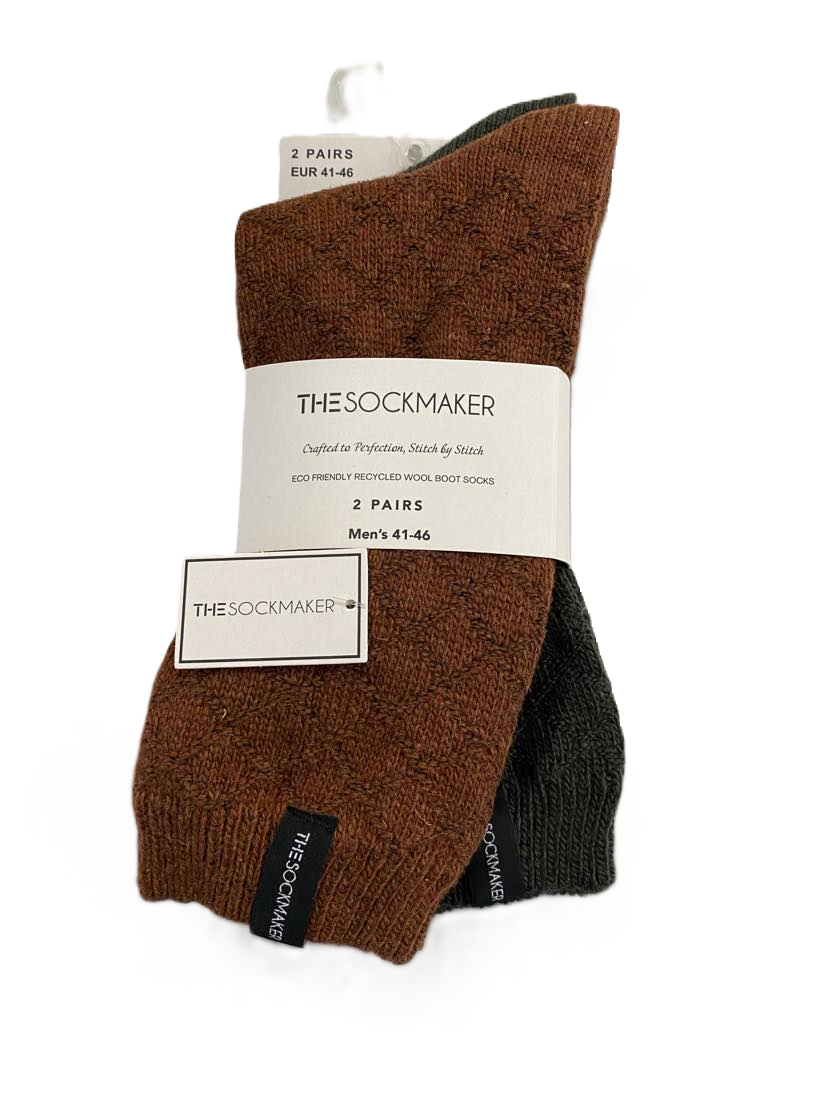 The Sockmaker Herensokken Wol Effen 2 paar Ruitenpatroon Roestbruin - Donkergroen