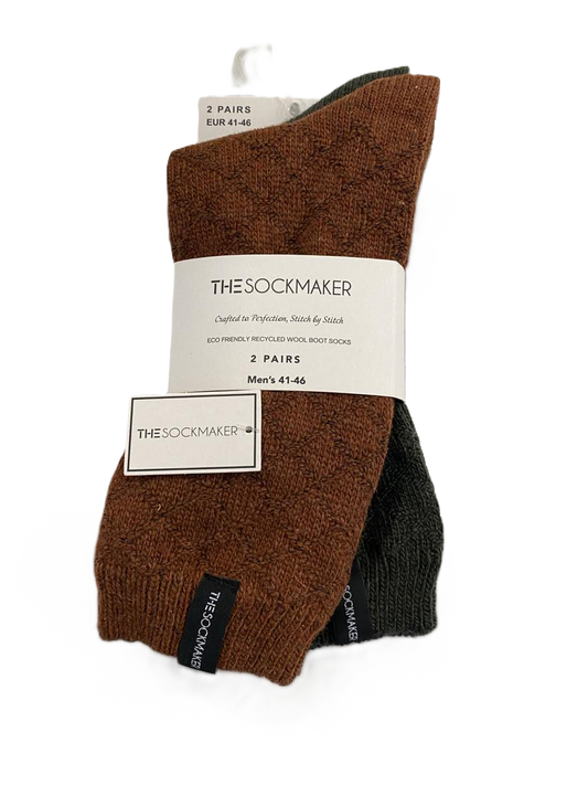 The Sockmaker Herensokken Wol Effen 2 paar Ruitenpatroon Roestbruin - Donkergroen