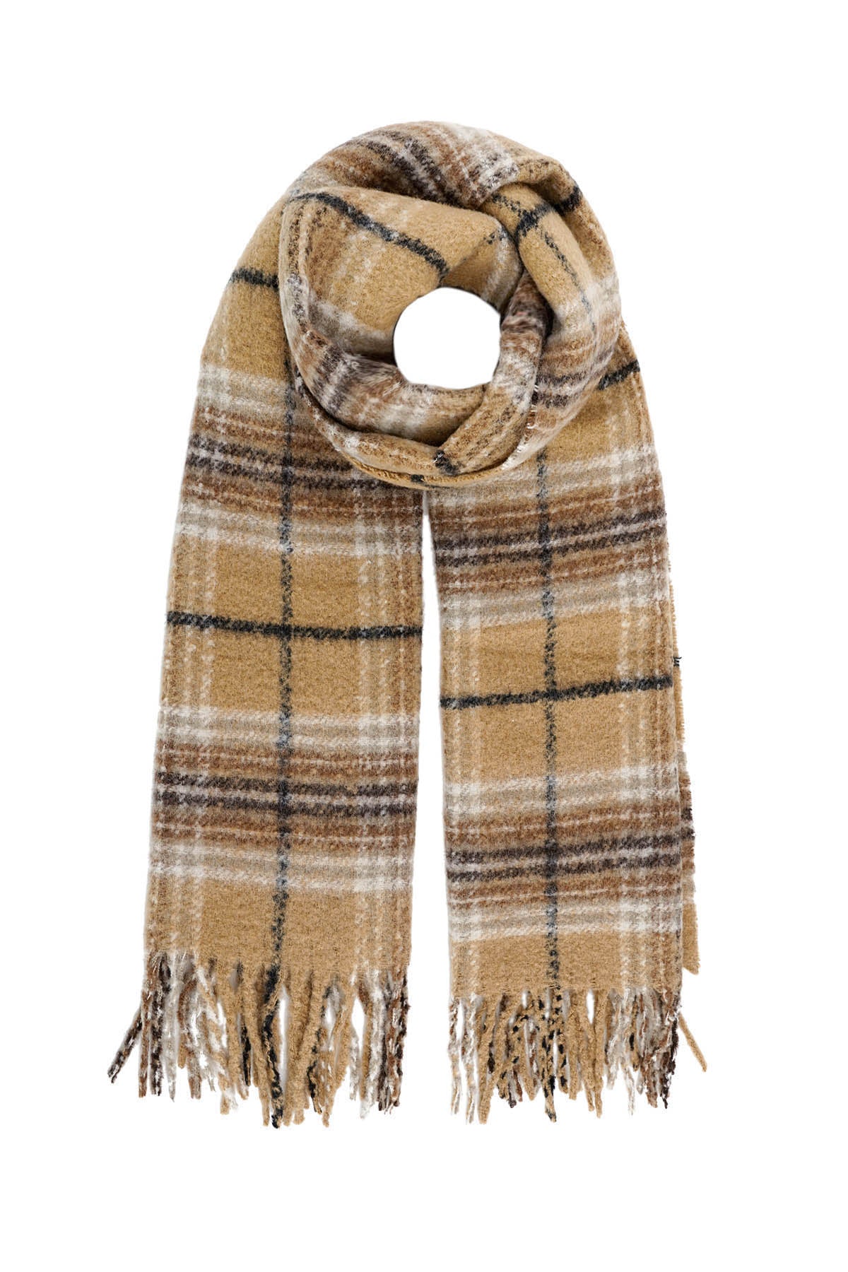 Kleurrijke Wintersjaal geruit beige bruin zwart wit