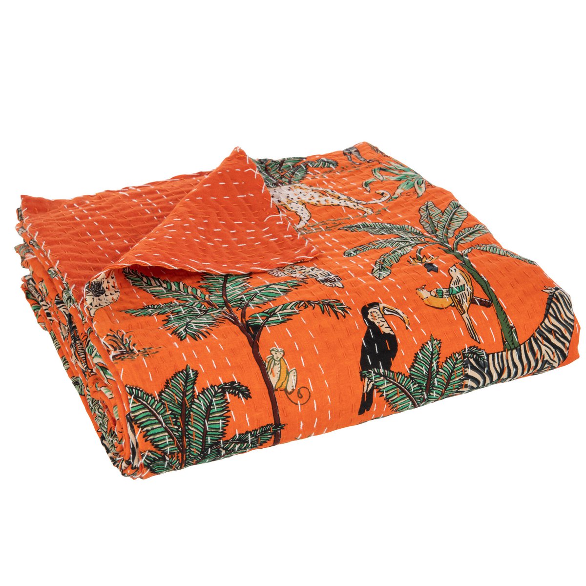 J-Line Plaid/Strand Mat Exotisch Dieren/Planten Hechtingen Katoen Oranje Large 220x270cm