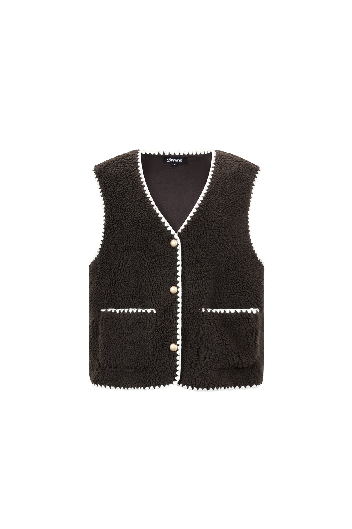 Mouwloos teddy gilet donkerbruin met witte contrastnaden