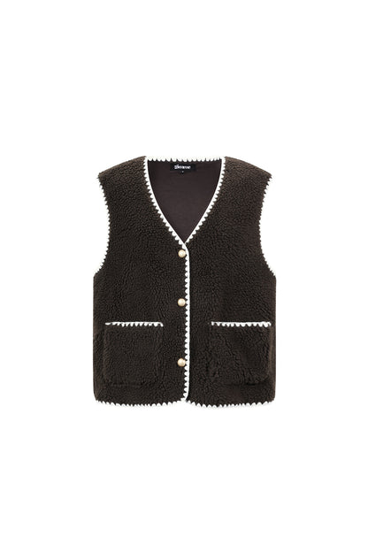 Mouwloos teddy gilet donkerbruin met witte contrastnaden