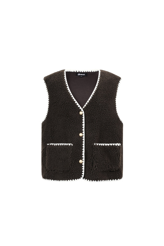 Mouwloos teddy gilet donkerbruin met witte contrastnaden