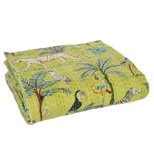 J-Line Plaid/Strand Mat Exotisch Dieren/Planten Hechtingen Katoen Groen Large